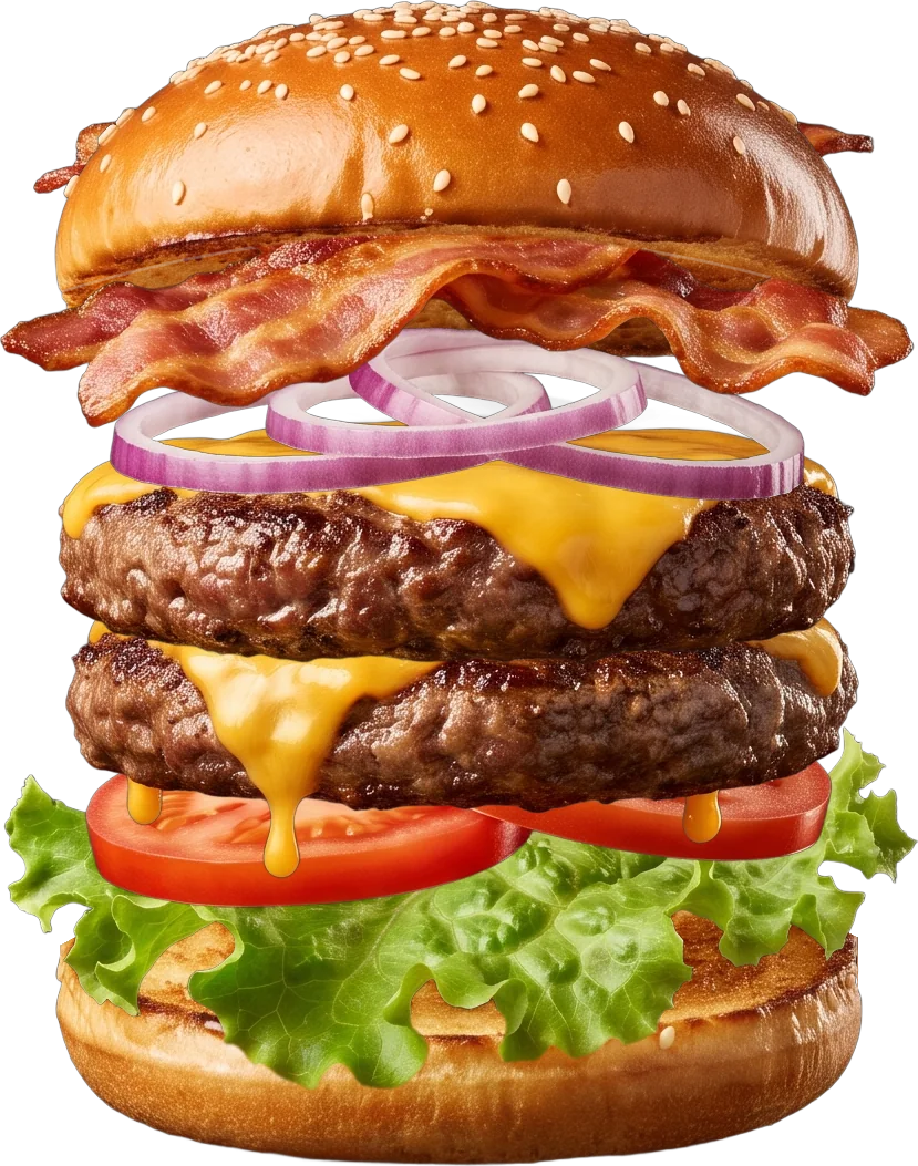Lanche duplo com bacon, cheddar, cebola roxa, tomate e alface no pão brioche