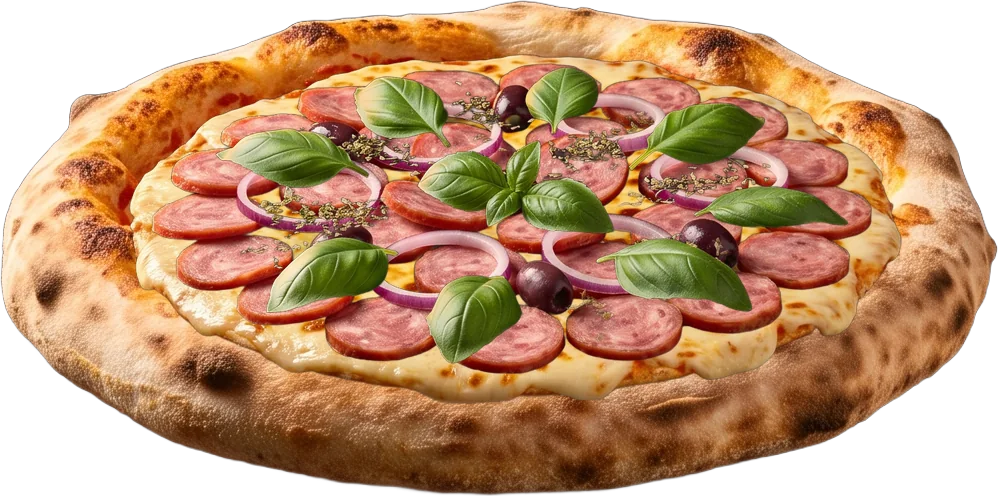 Pizza de calabresa com muçarela, cebola roxa, azeitona preta e manjericão